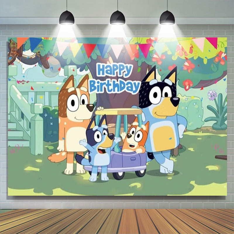 Lofaris Cartoon Dogs Green Yard Happy Birthday Backdrop