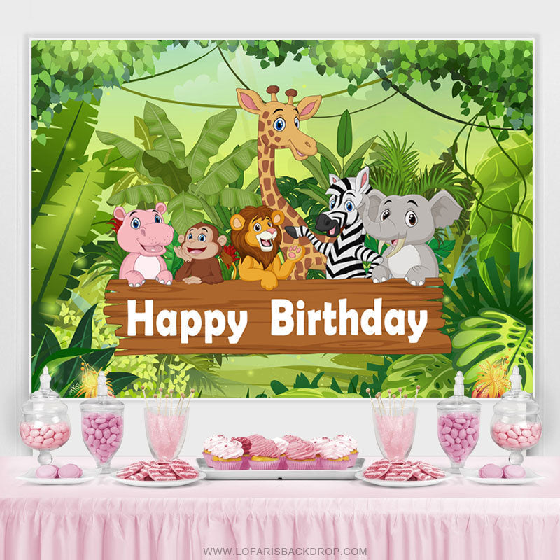 Lofaris Cartoon Green Forest Animals Happy Birthday Backdrop