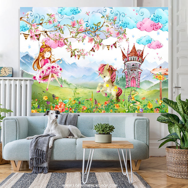 Lofaris Cartoon Horse Floral Birthday Party Backdrop For Girl