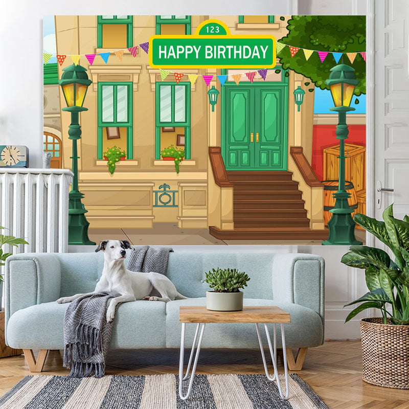 Lofaris Cartoon House And Green Lamp Happy Birthday Backdrop