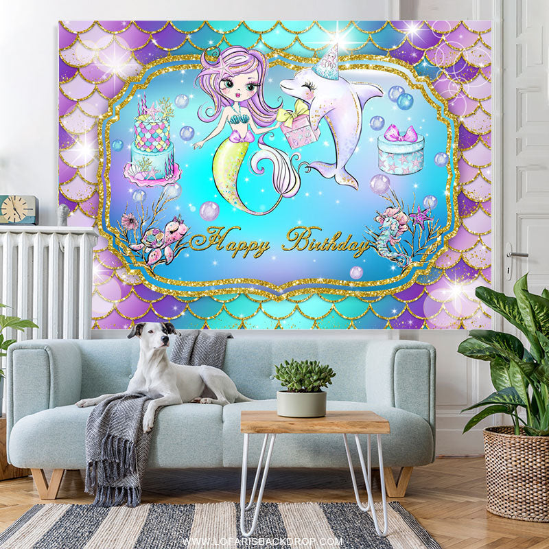 Lofaris Cartoon Mermaid Dolphin Happy Birthday Backdrop