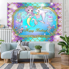 Lofaris Cartoon Mermaid Dolphin Happy Birthday Backdrop