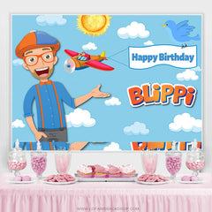 Lofaris Cartoon Sky Blippi Theme Happy Birthday Backdrop