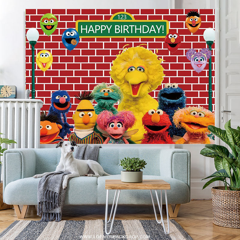Lofaris Cartoon Street Red Brick Wall Happy Birthday Backdrop For Kids