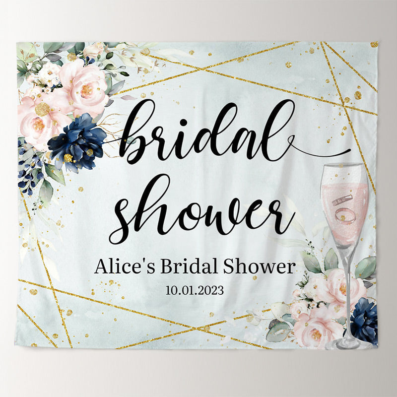 Lofaris Champagne Glass and Rings Floral Bridal Shower Backdrop