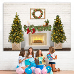 Lofaris Christmas Tree Fireplace White Brick Wall Party Backdrop