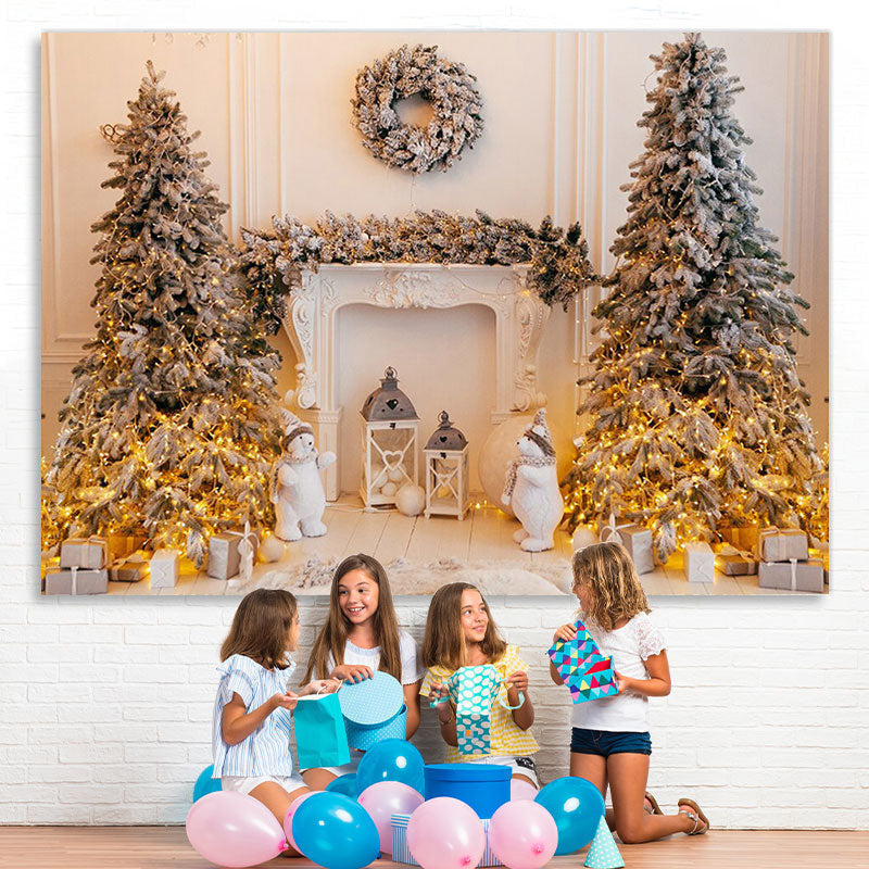 Lofaris Christmas Tree Light Bear White Wall Backdrop for Party