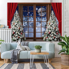 Lofaris Christmas Tree Red Curtain Wood Door Snow Moon Night Backdrop