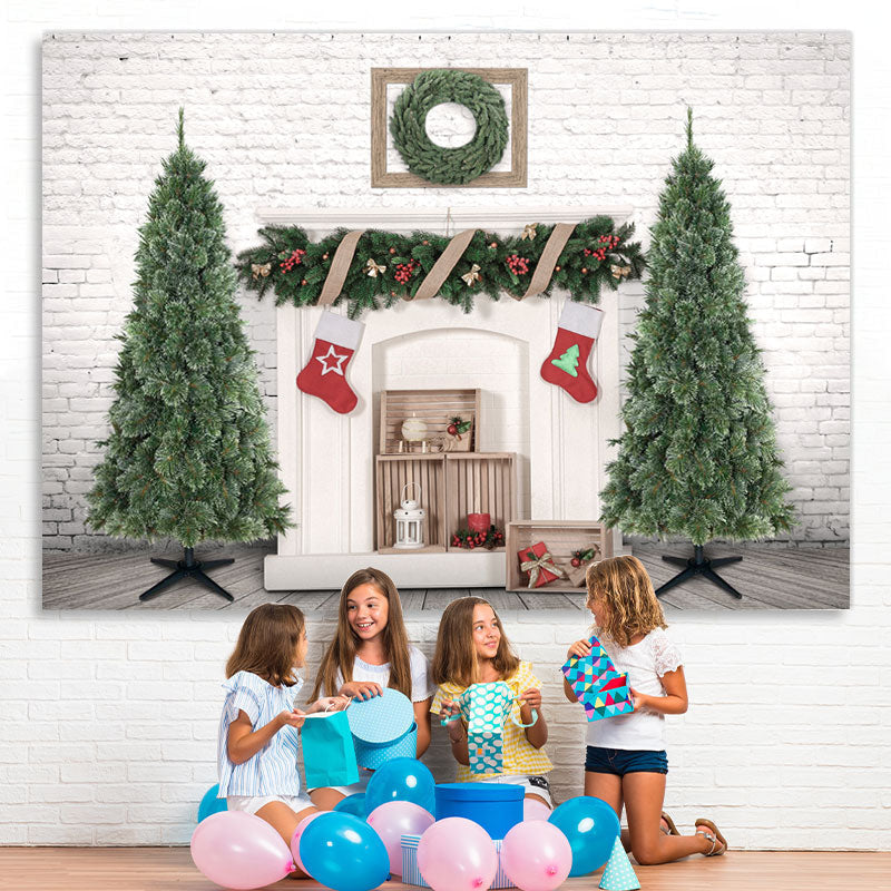 Lofaris Christmas Tree Socks White Brick Wall Backdrop for Party