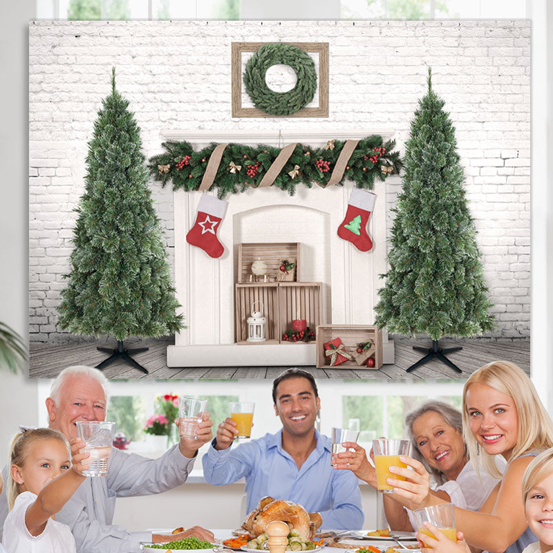 Lofaris Christmas Tree Socks White Brick Wall Backdrop for Party