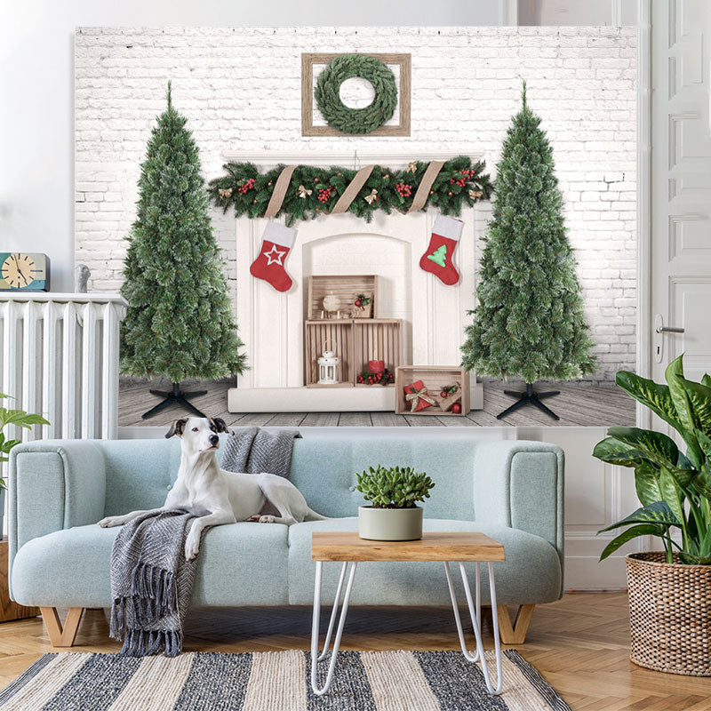 Lofaris Christmas Tree Socks White Brick Wall Backdrop for Party