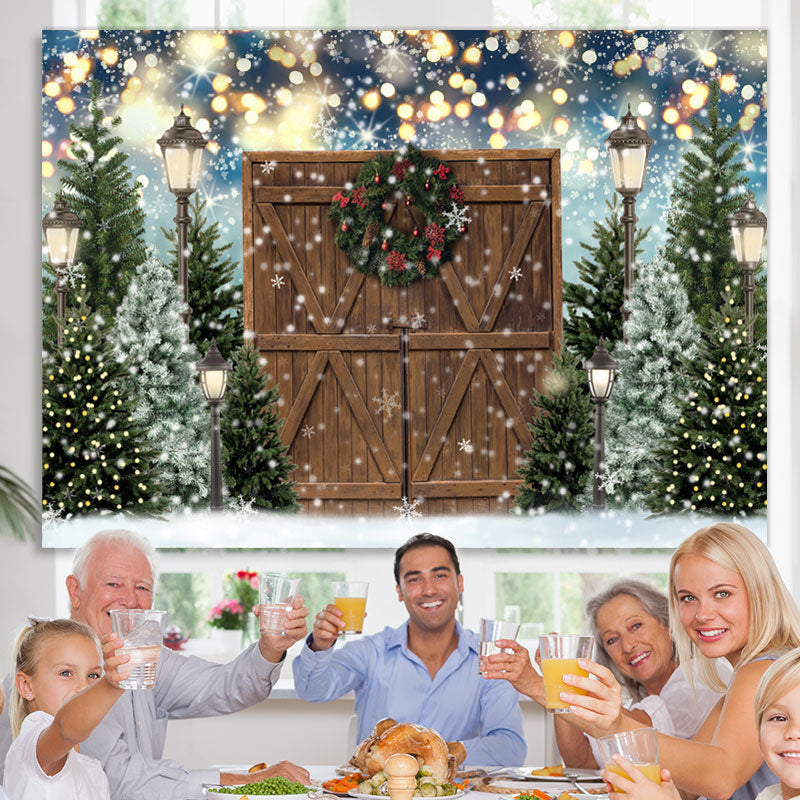 Lofaris Christmas Tree Winter Gold Glitter Wood Door Party Backdrop for Photos