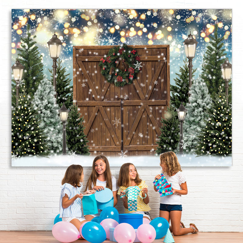 Lofaris Christmas Tree Winter Gold Glitter Wood Door Party Backdrop for Photos