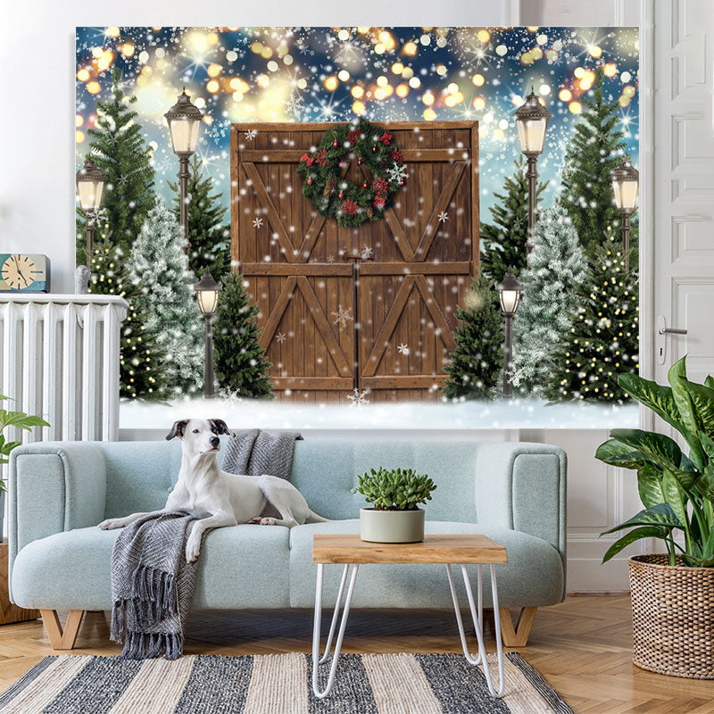 Lofaris Christmas Tree Winter Gold Glitter Wood Door Party Backdrop for Photos
