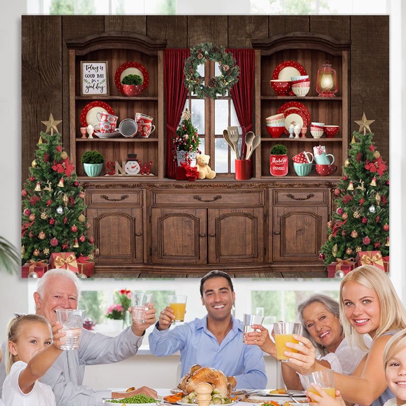 Lofaris Christmas Tree Wood Cupboard Red Backdrop for Party