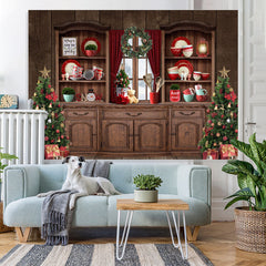 Lofaris Christmas Tree Wood Cupboard Red Backdrop for Party