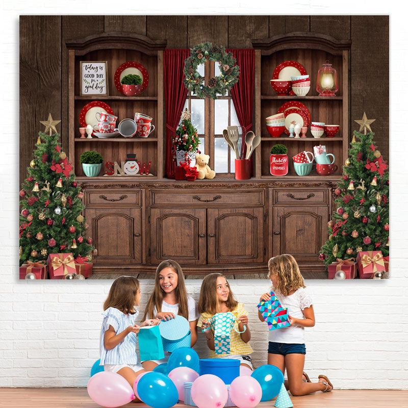 Lofaris Christmas Tree Wood Cupboard Red Backdrop for Party