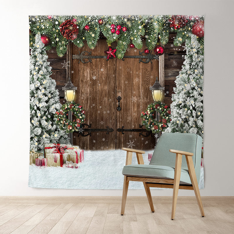 Lofaris Christmas Trees Gift Snowflake Wooden Door Backdrop