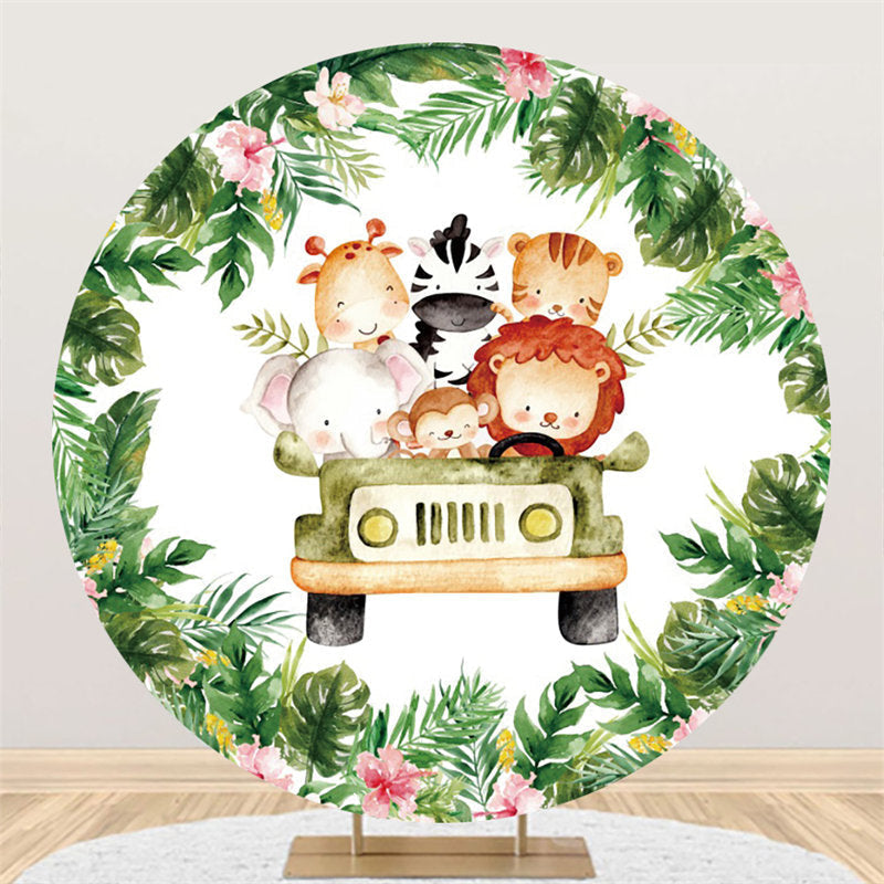 Lofaris Circle Animals Sitting In Cars Happy Birthday Backdrop
