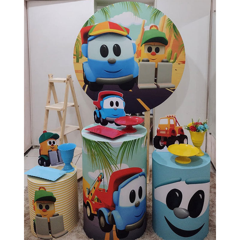 Lofaris Circle Cartoon Car Themed Happy Birthday Backdrop Kit