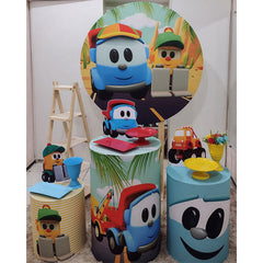 Lofaris Circle Cartoon Car Themed Happy Birthday Backdrop Kit
