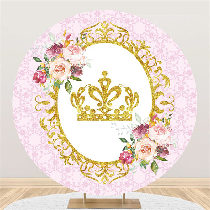 Lofaris Circle Golden Crown Pink Theme Happy Birthday Backdrop