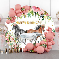 Lofaris Circle Pink Floral And Horse Happy Birthday Backdrop