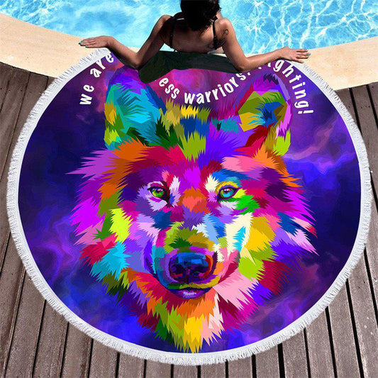 Lofaris Coastal Passion Cool Wolf Rainbow Round Beach Towel