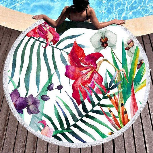 Lofaris Coastal Tropical Floral Plant Round Beach Towel