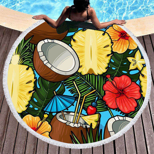 Lofaris Coconuts Pineapple Flowers Hawaii Round Beach Towel