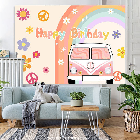 Lofaris Color Floral Car Rainbow Happy Birthday Backdrop