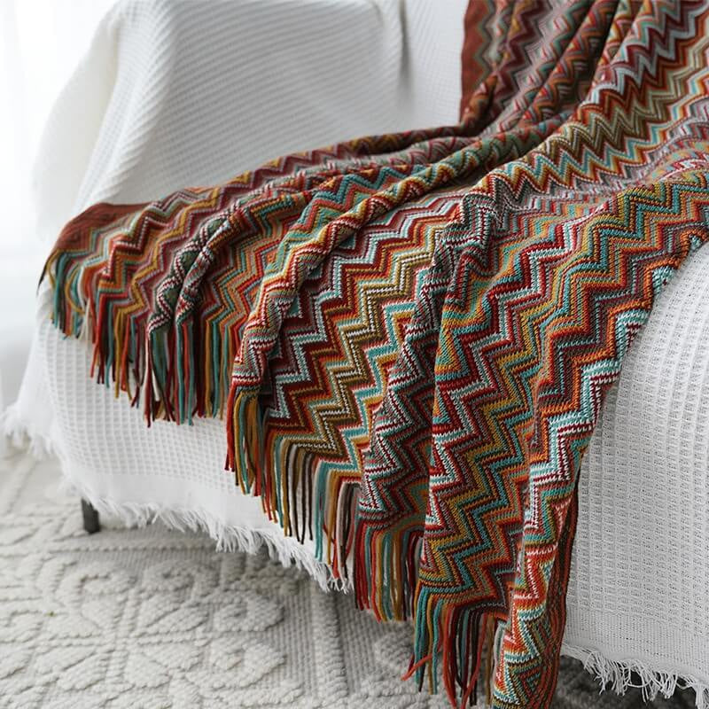 Lofaris Color Striped Knit Blanket Boho Themed Sofa Decorative