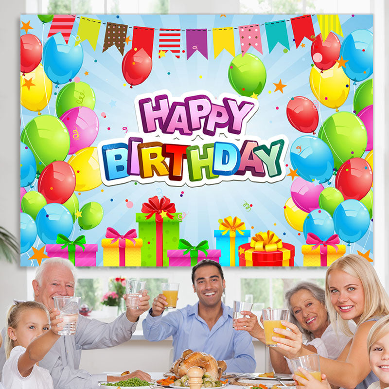 Lofaris Colorful Balloon And Gift With Flags Birthday Backdrop