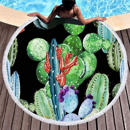 Lofaris Colorful Cactus Circle Beach Blanket With Fringe