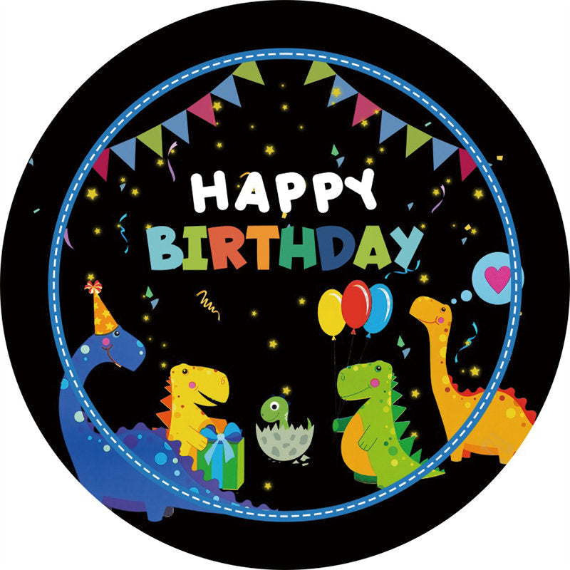 Lofaris Colorful Dinosaur Flags Round Happy Birthday Backdrop