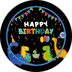 Lofaris Colorful Dinosaur Flags Round Happy Birthday Backdrop