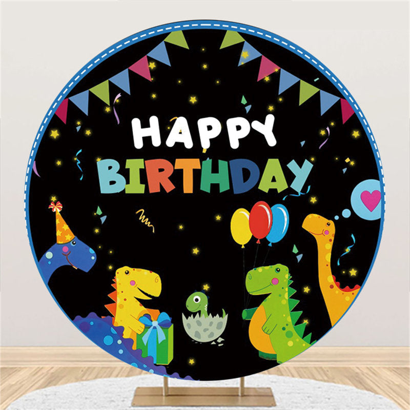 Lofaris Colorful Dinosaur Flags Round Happy Birthday Backdrop