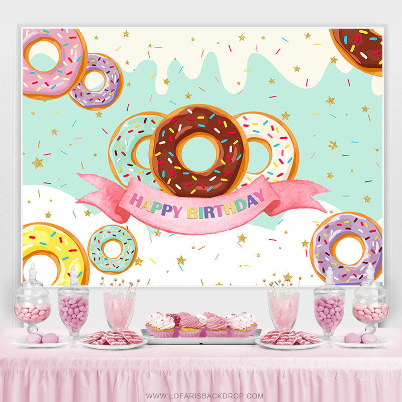 Lofaris Colorful Donut Candyland Theme Happy Birthday Backdrop