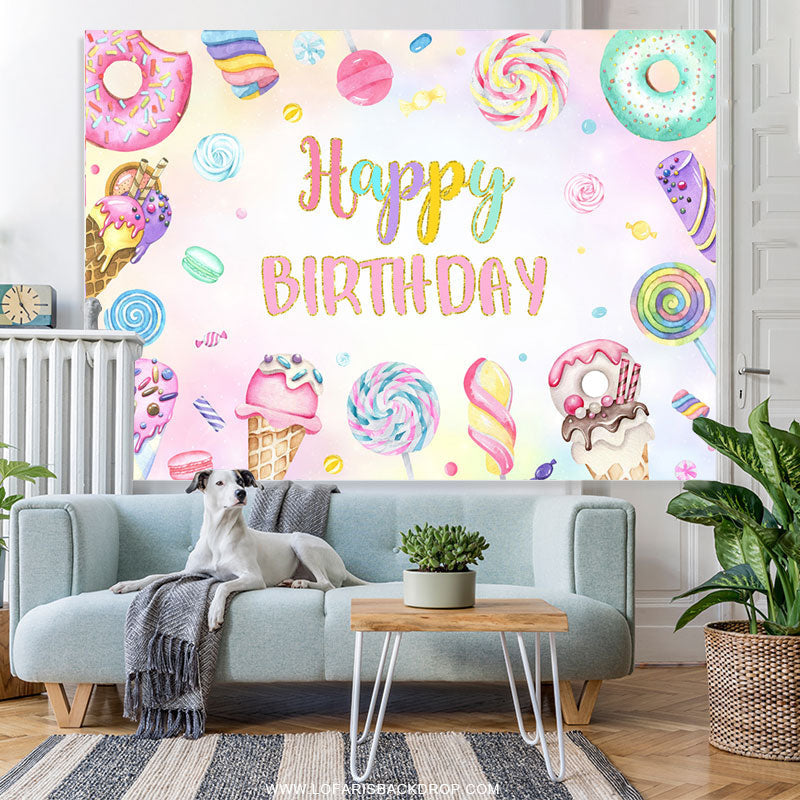 Lofaris Colorful Donut Pink Candy Happy Birthday Backdrop
