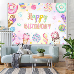 Lofaris Colorful Donut Pink Candy Happy Birthday Backdrop