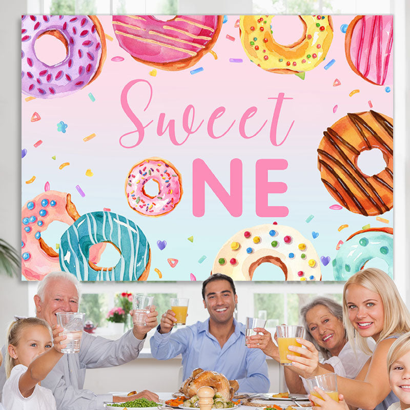 Lofaris Colorful Donut Themed Sweet One Happy Birthday Backdrop