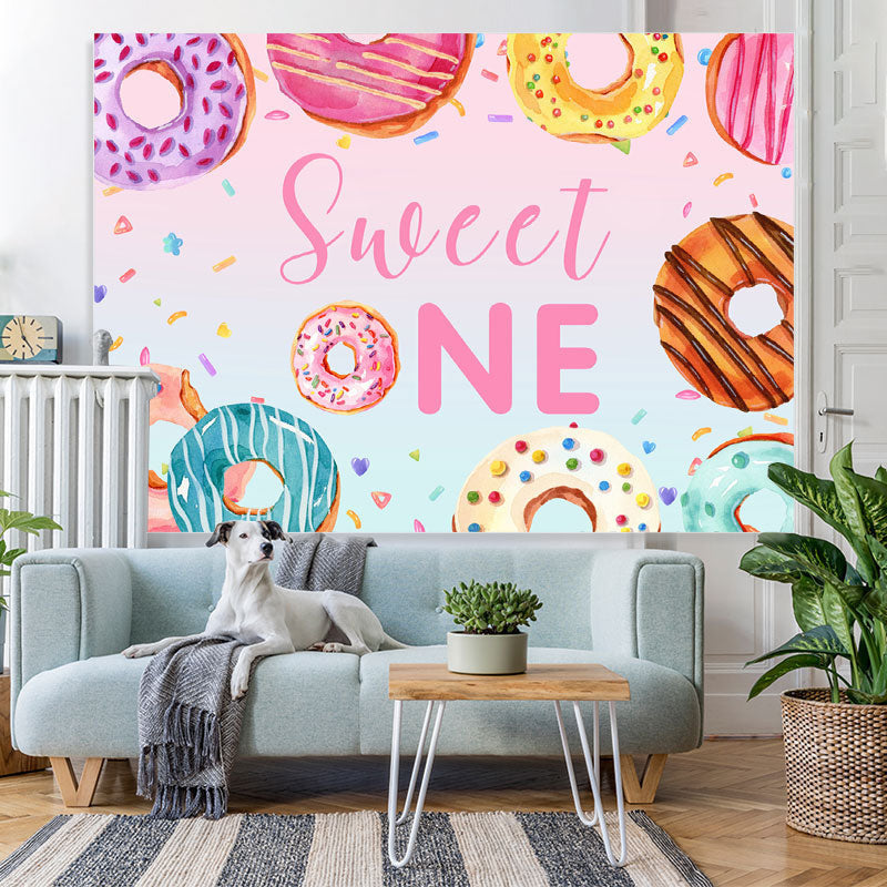 Lofaris Colorful Donut Themed Sweet One Happy Birthday Backdrop