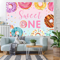 Lofaris Colorful Donut Themed Sweet One Happy Birthday Backdrop