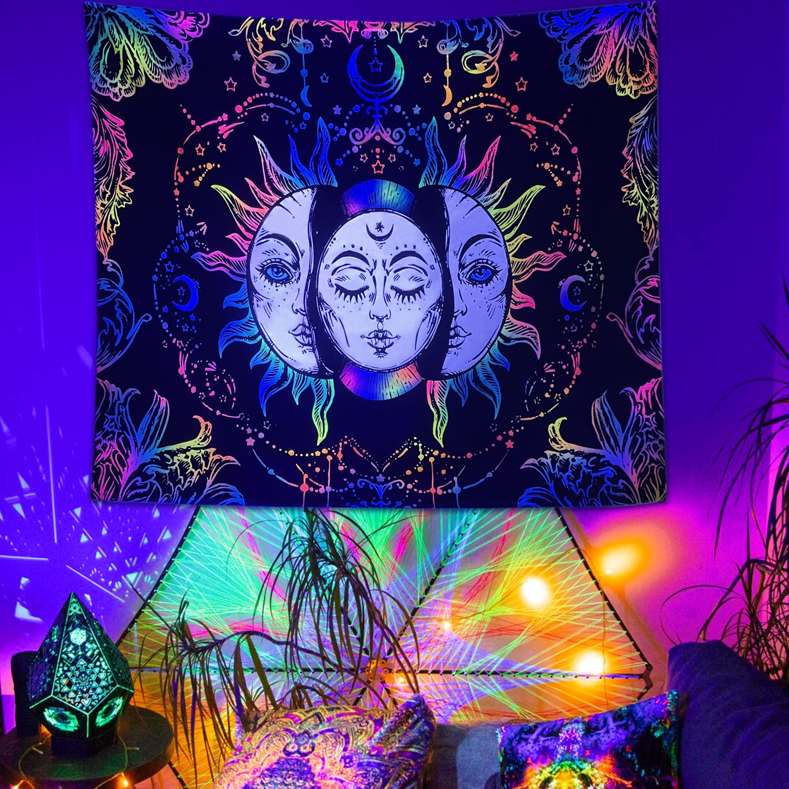 Lofaris Colorful Hippie Burning Sun Mandala Blacklight Tapestry