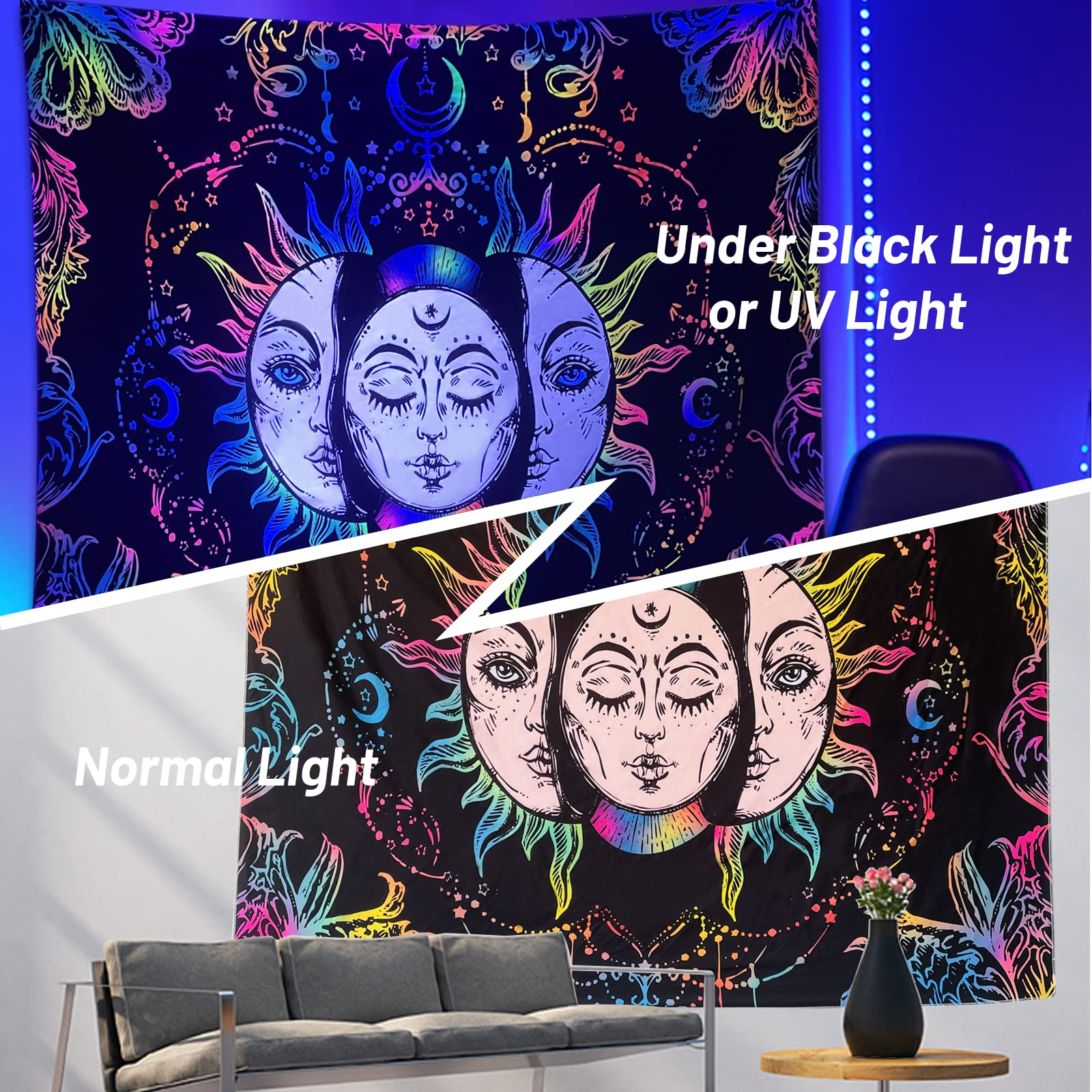 Lofaris Colorful Hippie Burning Sun Mandala Blacklight Tapestry