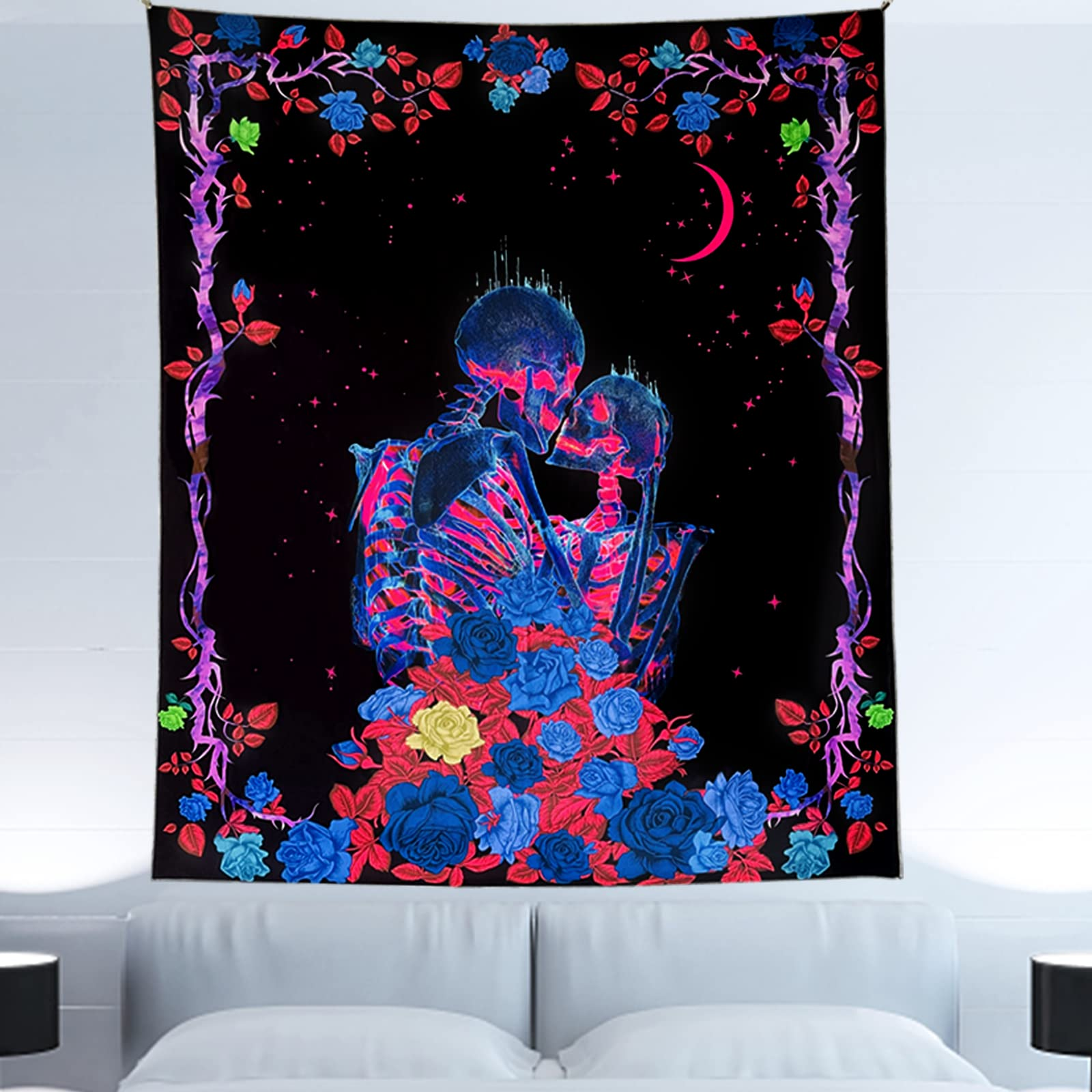 Lofaris Colorful Hippie Skull Kissing Lover Wall Blacklight Tapestry