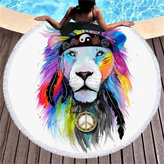 Lofaris Colorful Rock Lion Peace Round Tassels Beach Towel