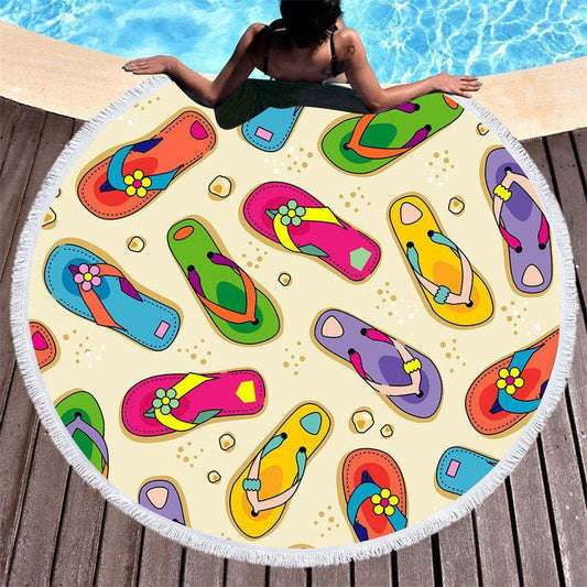 Lofaris Colorful Slippers Beige Round Beach Towel With Fringe