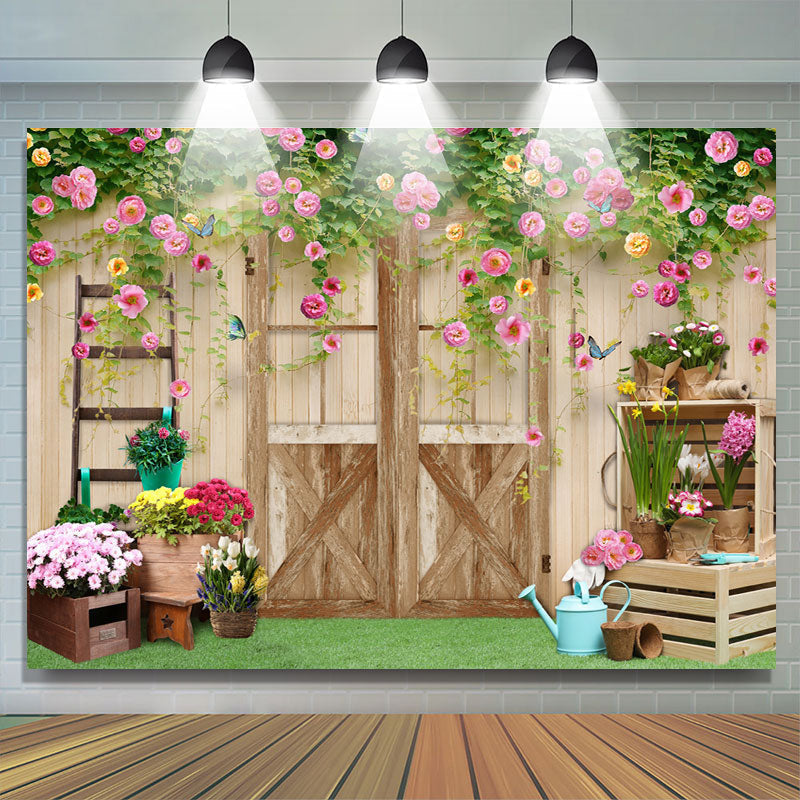Lofaris Colour Floral And Wood Door Simple Backdrop For Girl
