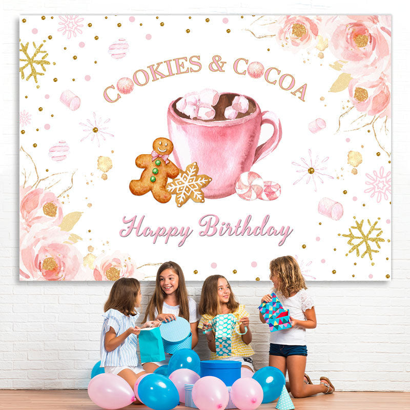Lofaris Cookie and Cocoa Happy Birthday Pink Floral Backdrop for Party
